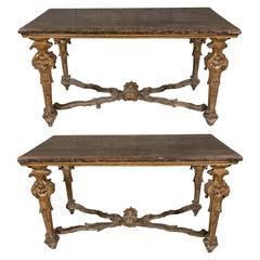Pair of Large Italian Barocco Consoles in Gilded Carved Wood, 18th Century