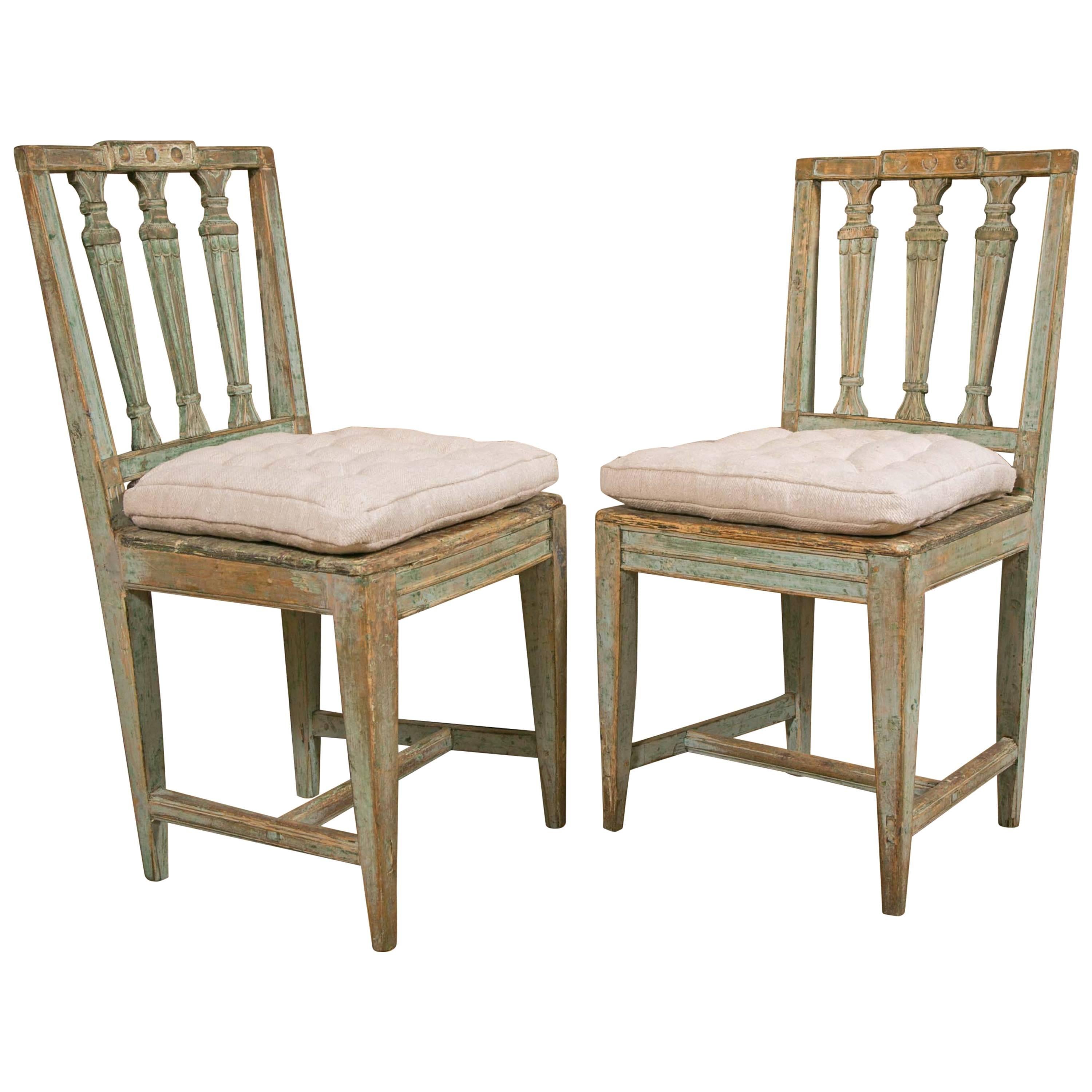Pair of Swedish Gustavian Chairs with Green Patina of Origin For Sale