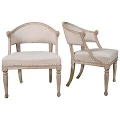 Pair of Gustavian Barrel Back Armchairs with Carved Lions
 Heads Figures