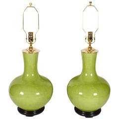 Pair of Chinese Chartreuse Color Craquelure Table Lamps