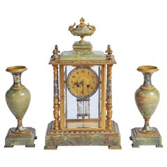 19th Century French Onyx, Champleve Enamel Clock Set