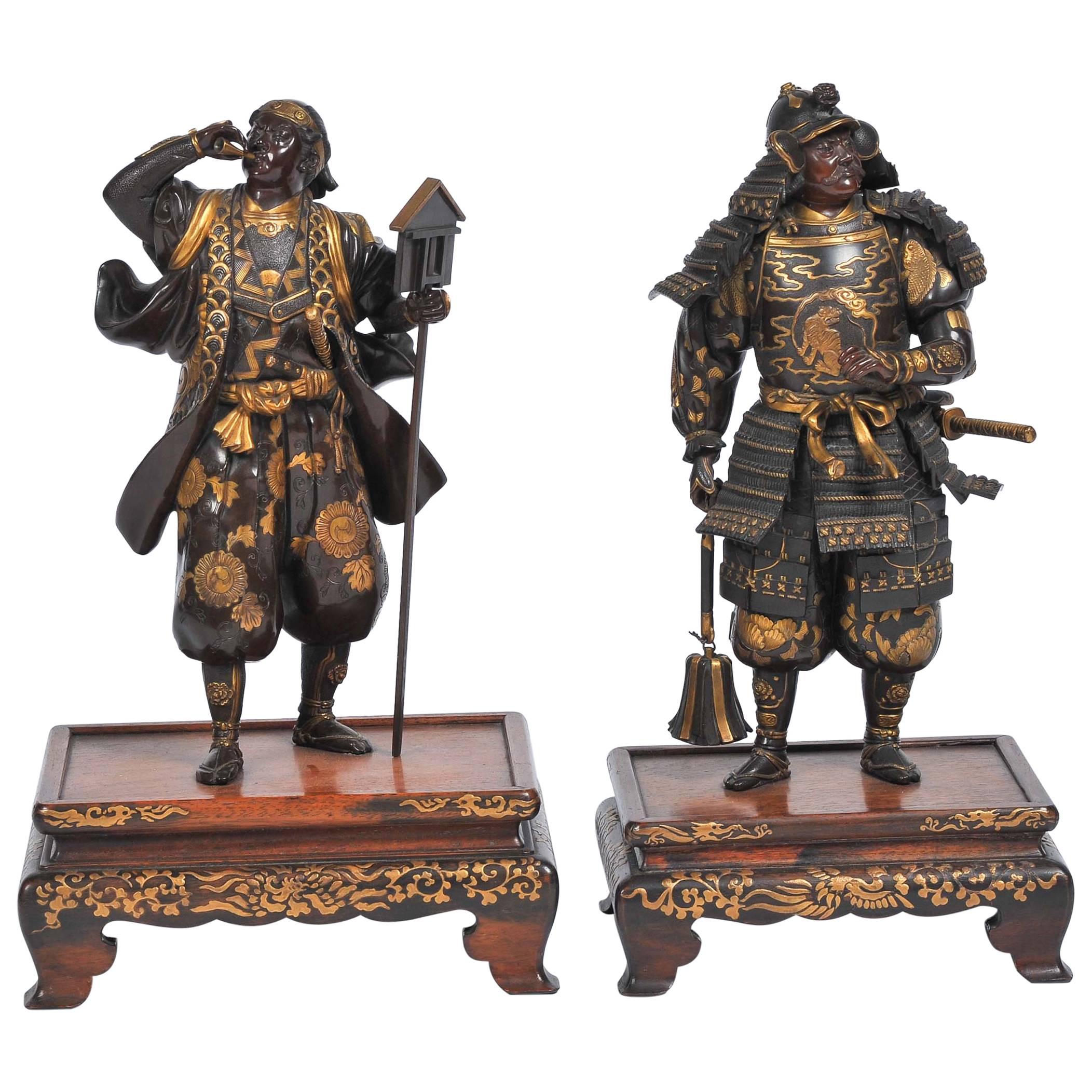 Near Pair of Meiji Period Japanese Bronze Samurai Warriors