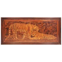 Large Art Deco Marquetry Inlaid Panel of Tigers 1