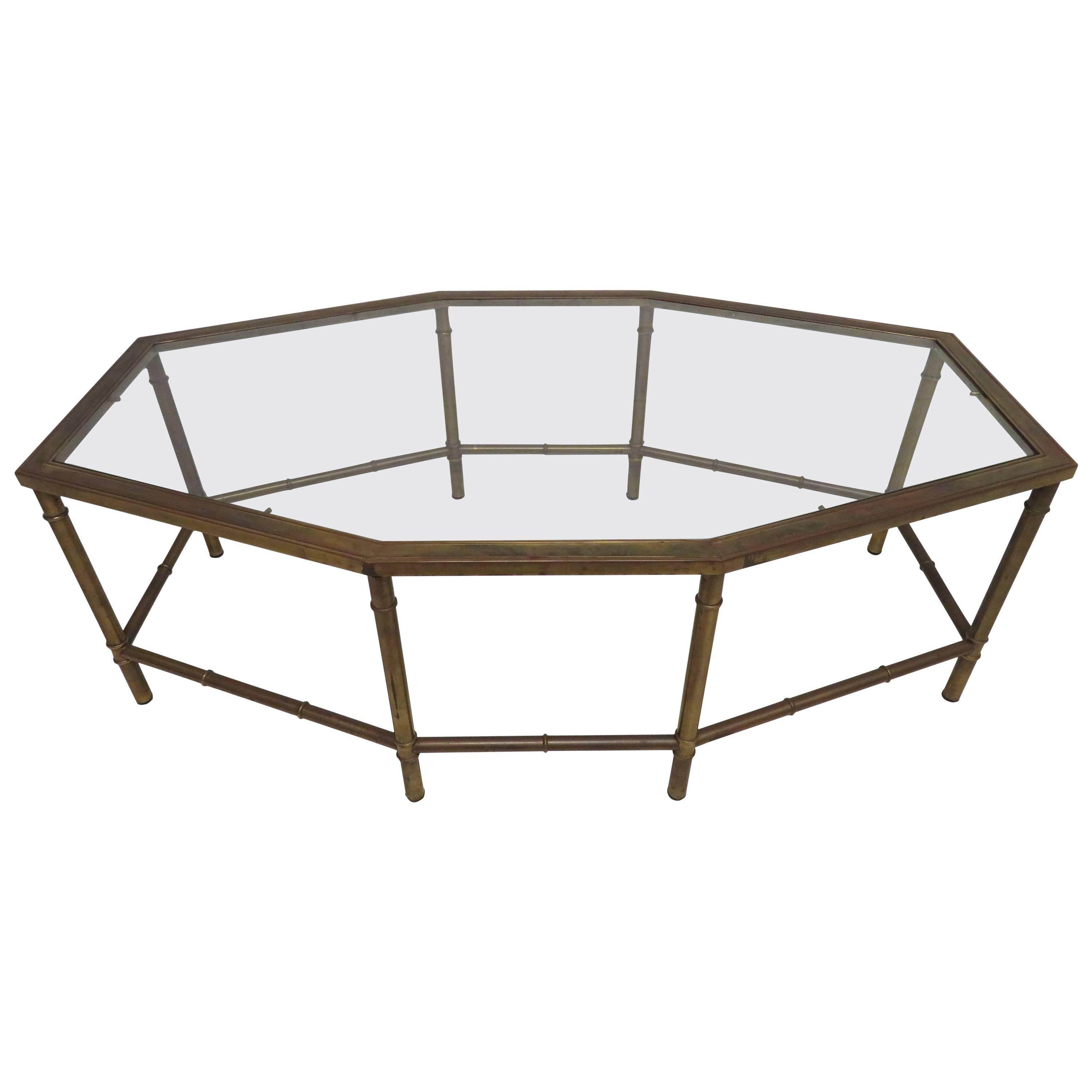 Lovely Mastercraft Brass Oval Octagon Coffee Table Hollywood Regency