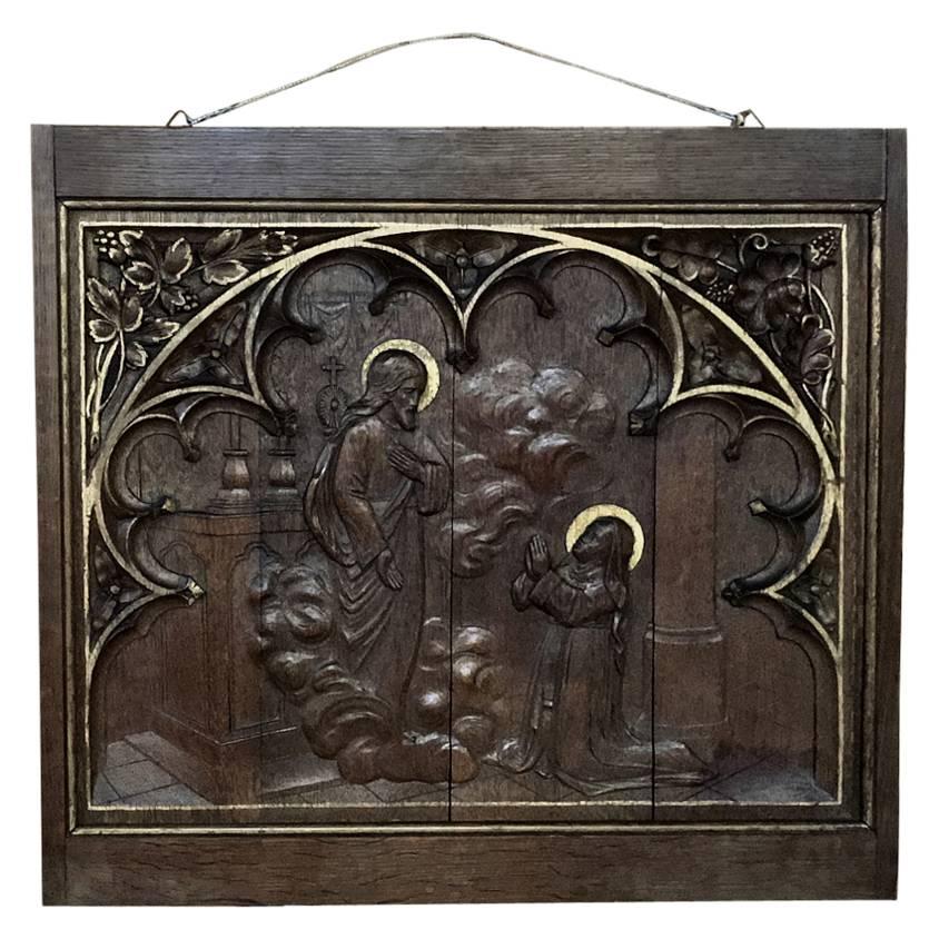 19th Century Religious Hand Carved Solid Oak Panel Depicting the Resurrection