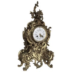 Antique 19th Century Rococo Cast Bronze Mantel Clock with Hand-Painted Enamel Dial