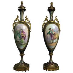 Pr Antique French Porcelain Sevres Hand-Painted Urns w/Bronze Mounts, c1870