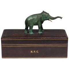 Antique Early 20th Century Gold Embossed Leather Box with Hand-Painted Elephant Handle