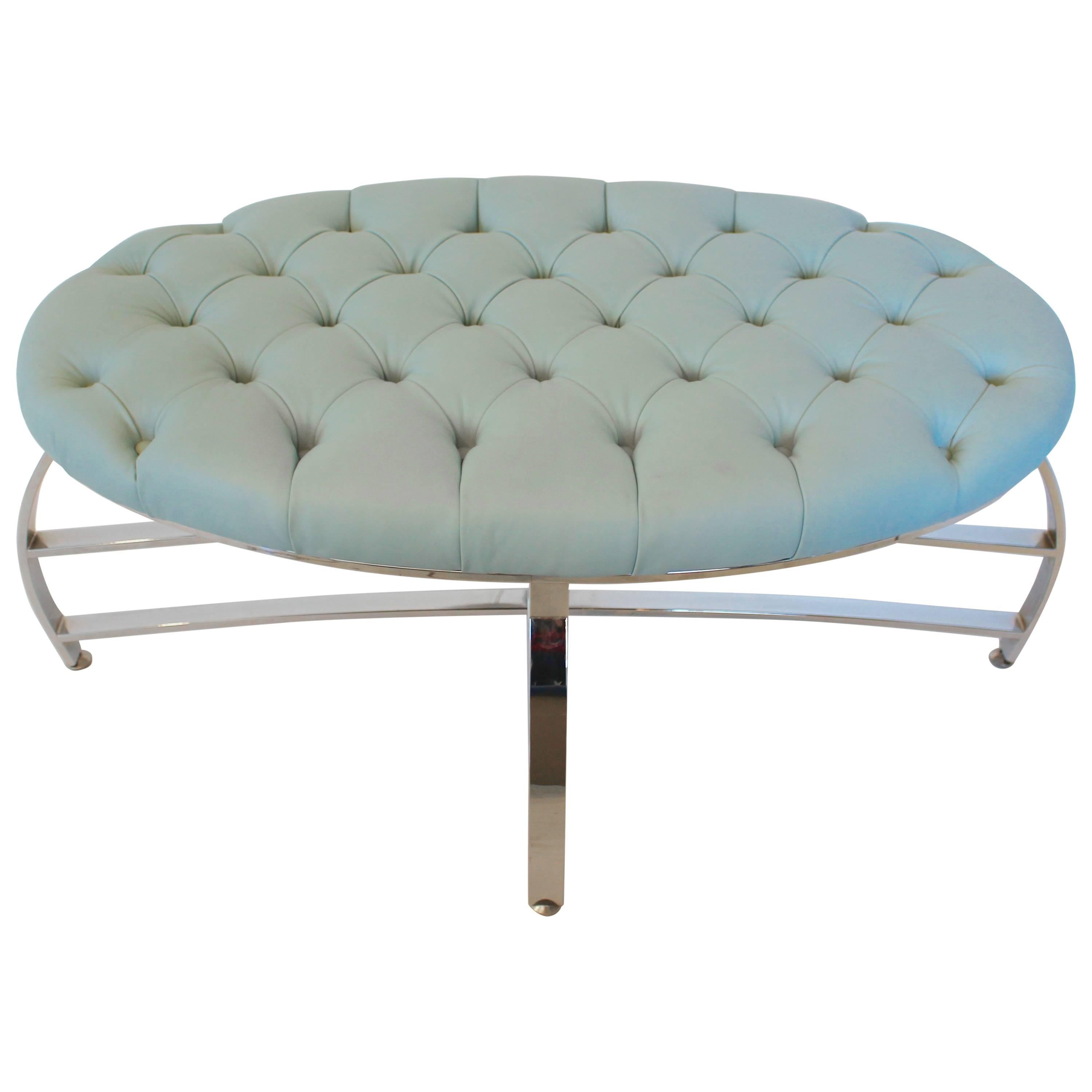 Contemporary Teal Leather Button-Tufted Oval Ottoman with Modern Chrome Frame For Sale
