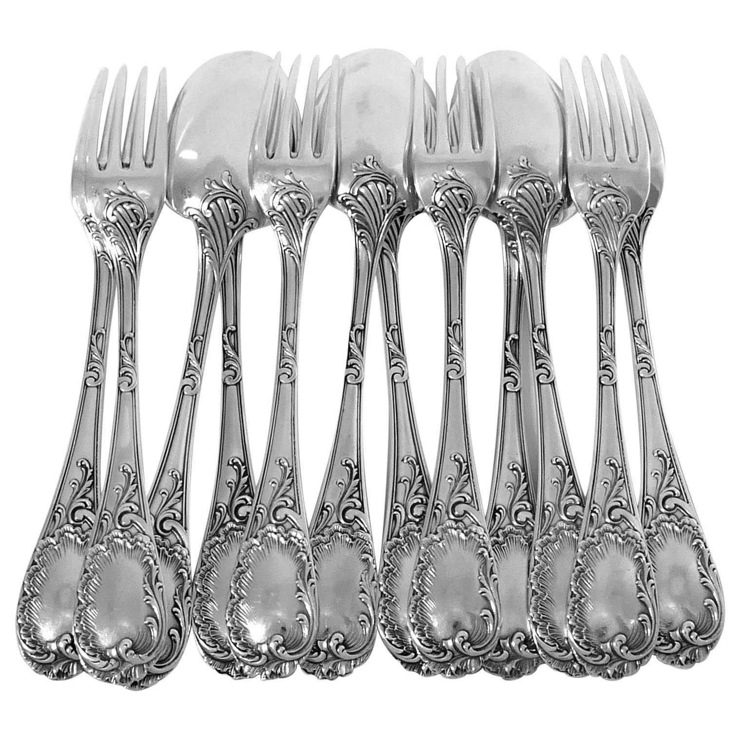 Puiforcat Fabulous French Sterling Silver Dinner Flatware Set 12 Pieces Rococo For Sale