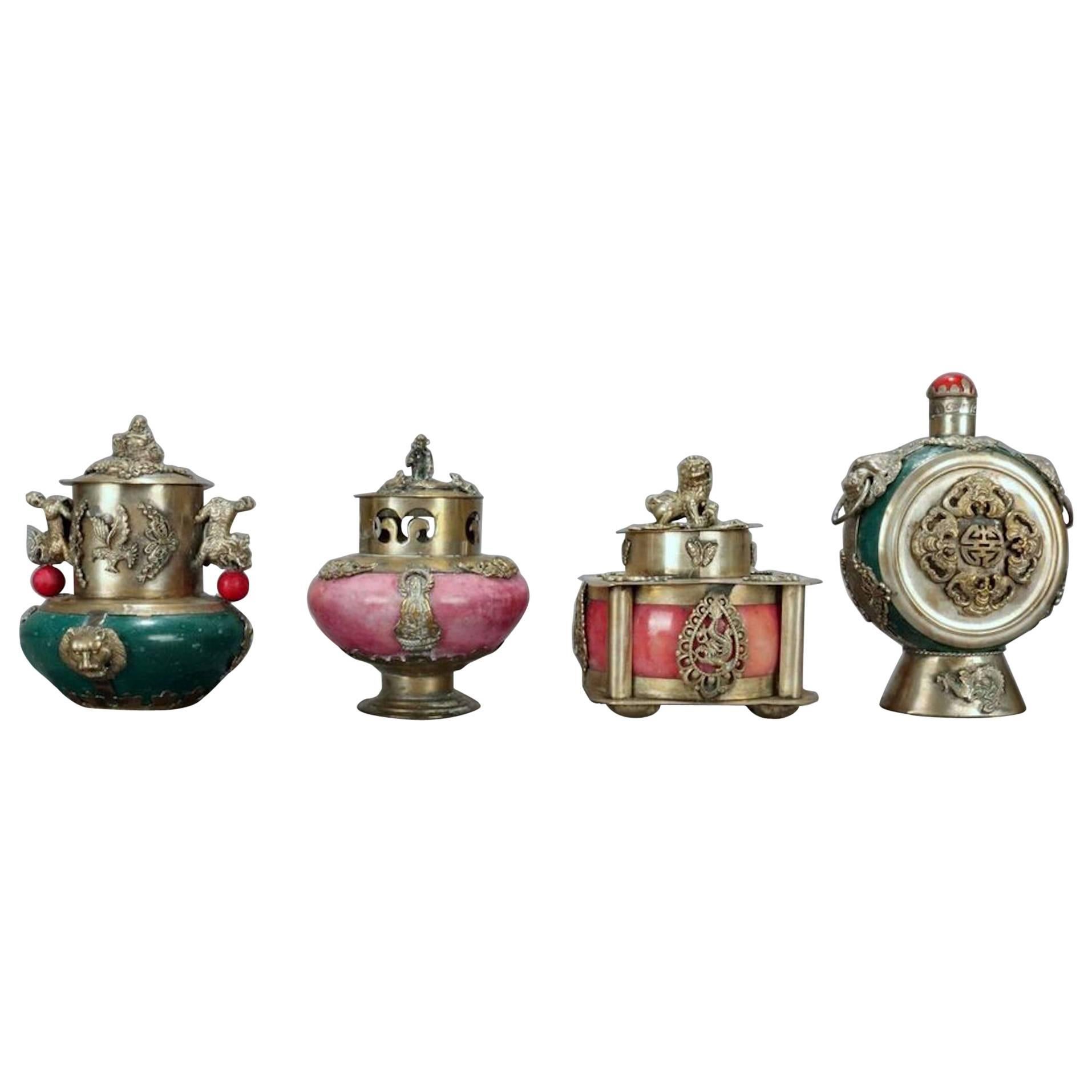 Four Antique Chinese Hard Stone Jeweled Scent Bottles with Silverwashed Copper