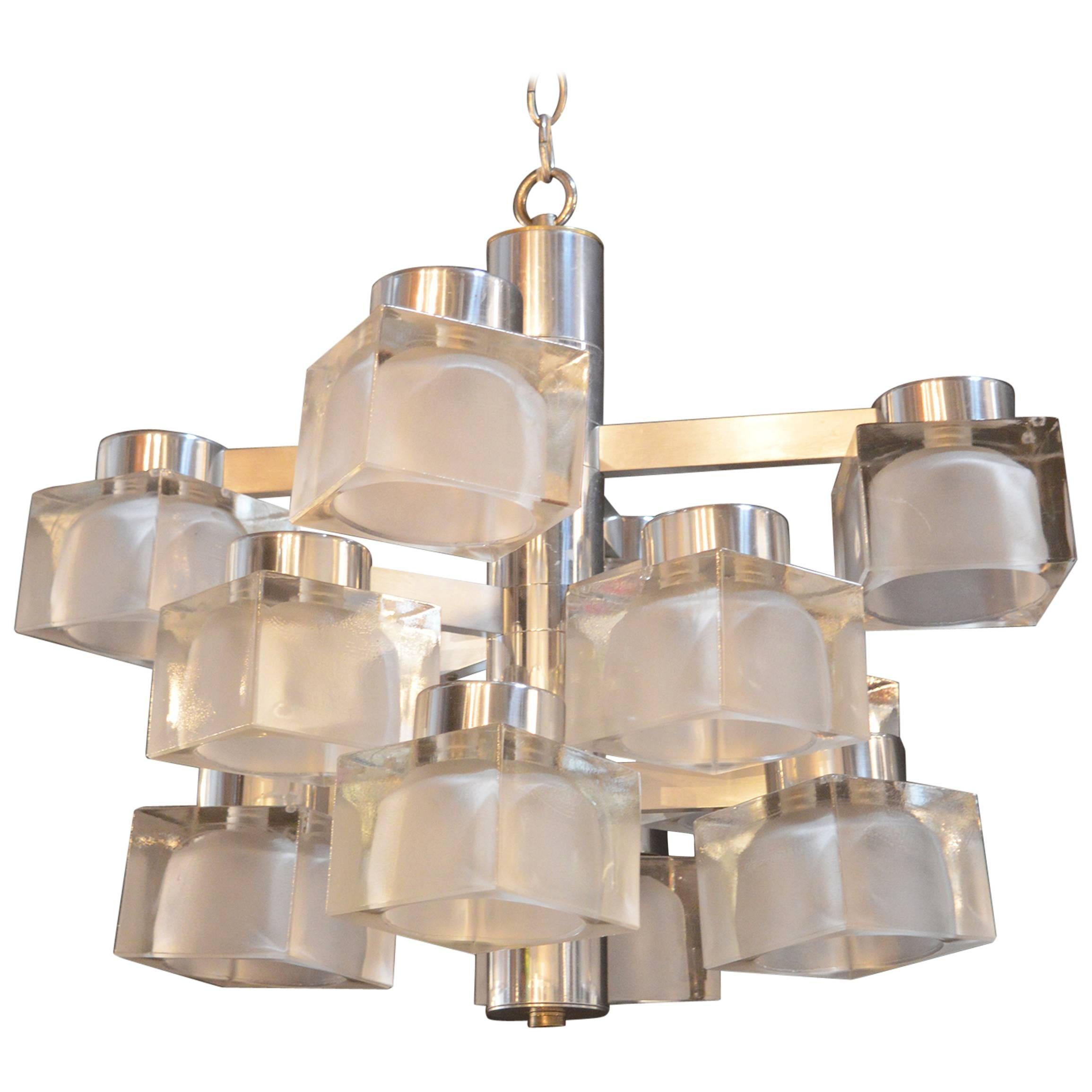 Midcentury Copper and Chrome Uplighter Chandelier with Plastic Frosted