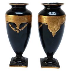 Pair of 1930s Moser Style Black Glass and Gold Vases
