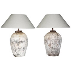 Large Chinese Storage Jar Lamps with Shades, Pair