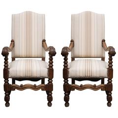 Pair of Spanish 19th Century Walnut and Upholstered Armchairs