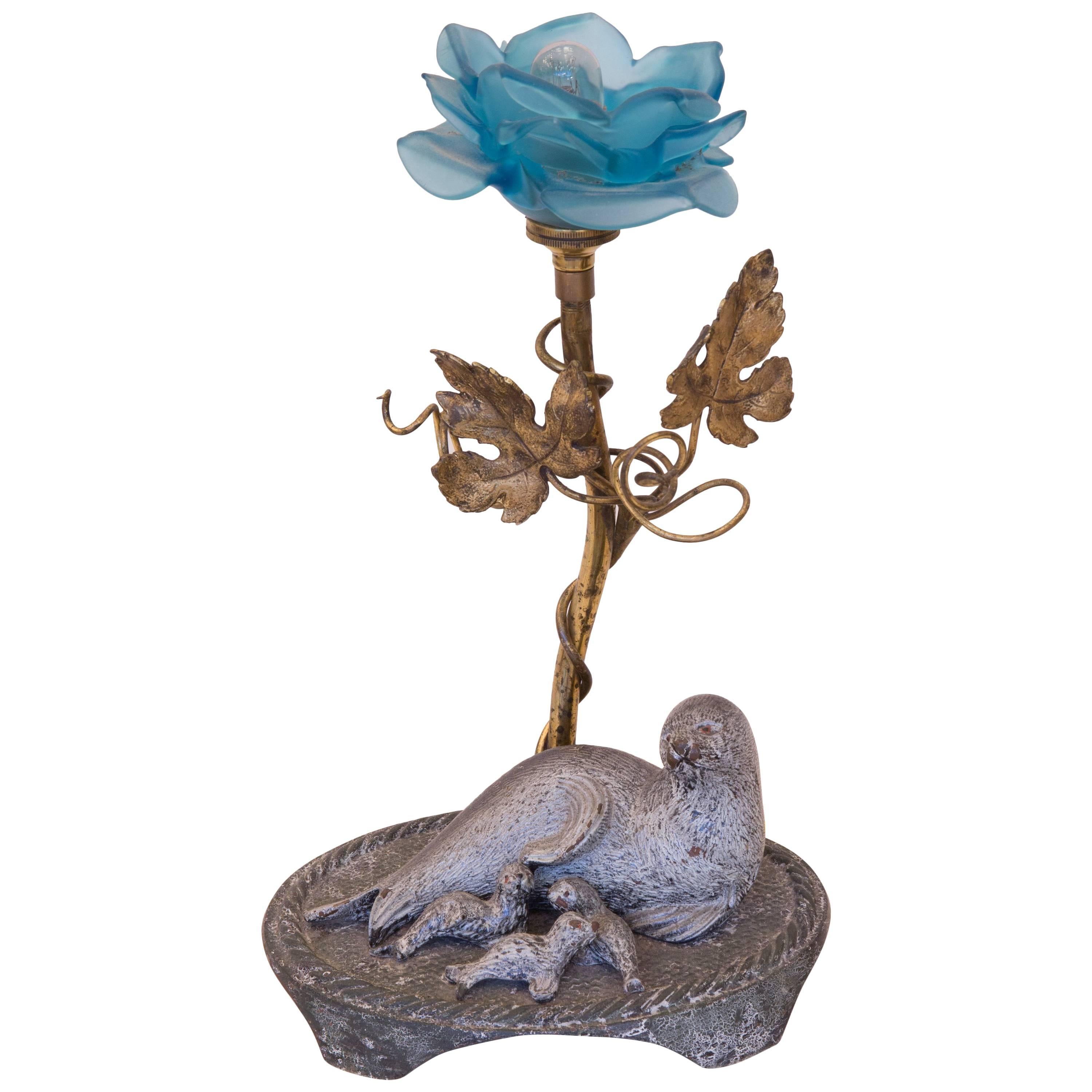20th Century Blue Rose Sea Lion and Pups Table Lamp Designer Bronze Base