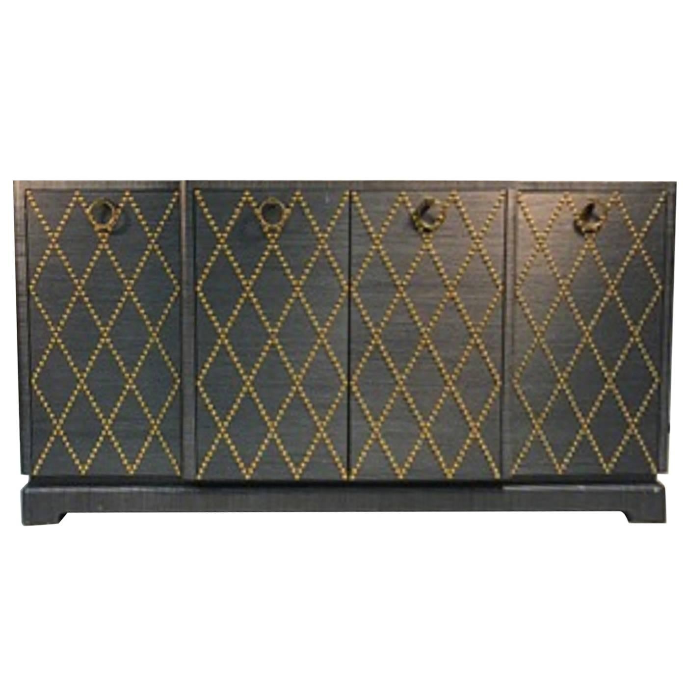 Fabulous Grasscloth Gold Studded Cabinet in the Manner of Tommi Parzinger For Sale
