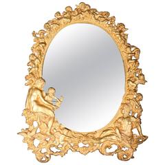 Antique Figural Gilt Bronze Neoclassical Cherub Decorated Dresser Mirror, 19th C