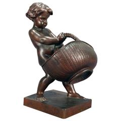 Antique Signed Figural Bronze Cherub with Basket, circa 1890