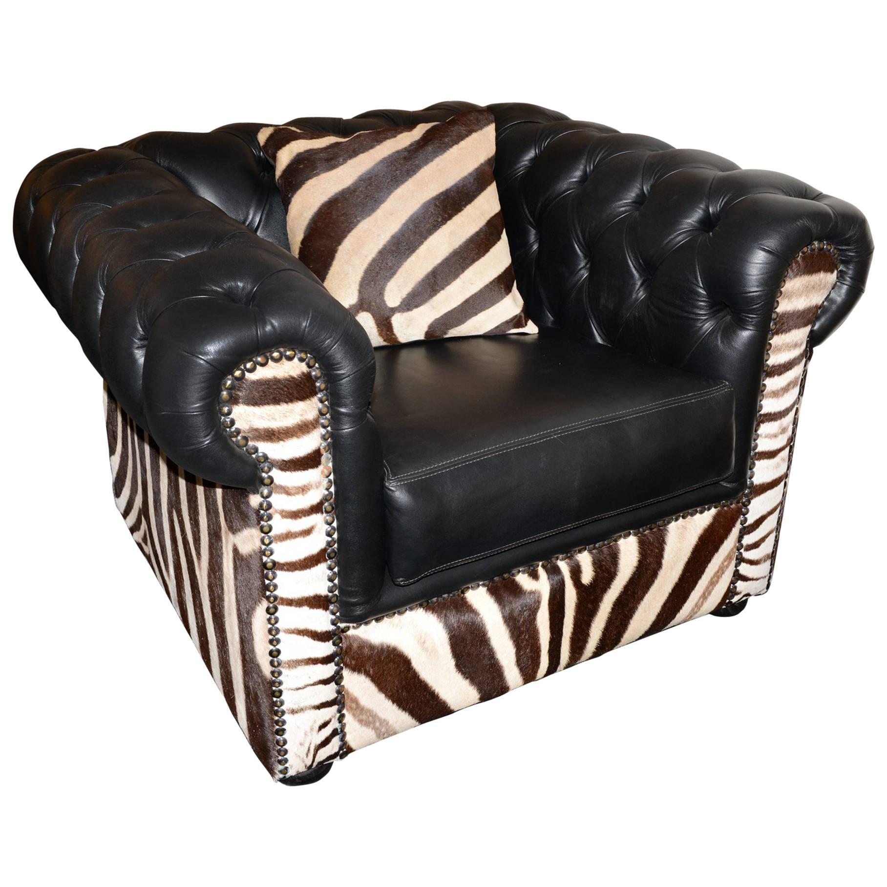Zebra Armchair with Real Zebra Skin and Black Leather For Sale
