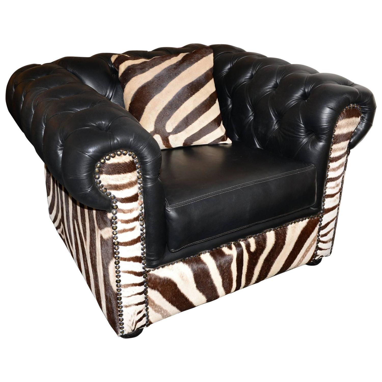 Zebra Armchair with Real Zebra Skin and Black Leather For Sale at 1stdibs