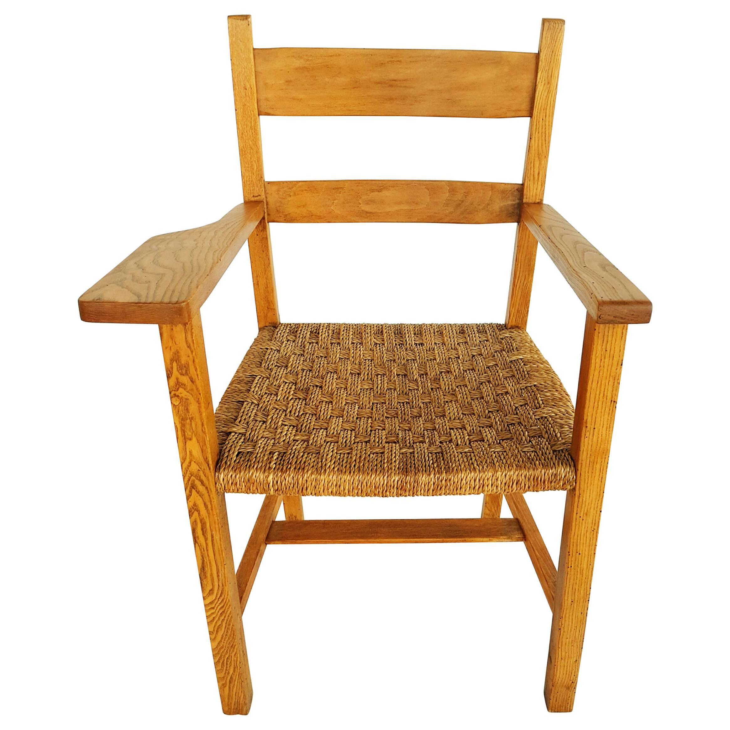 1950s Oak and Raffia Woven Armchair