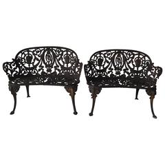 Pair of Antique Ornate Cast Iron Diminutive Garden Bench Seats