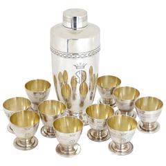 Large Monogramed French Silver Plate Cocktail Shaker and Ten Cocktail Cups