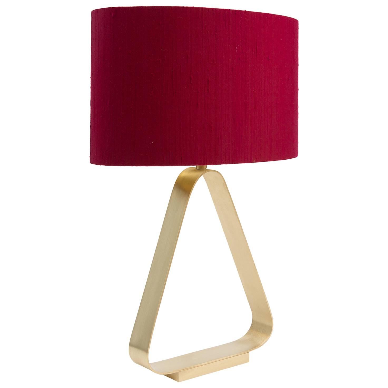 Triangular Brass Table Lamp with Red Linen Lampshade For Sale