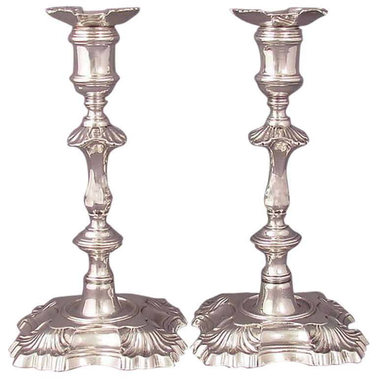 Pair of George II Cast Silver Candlesticks For Sale