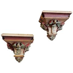 Pair of Grand Carved French Wood Hand-Painted Gothic Shelves Sconces
