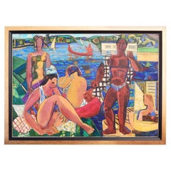 Vintage "Bathers, " Large Masterpiece of Vivid Cubist Painting by Louis Latapie, 1940s