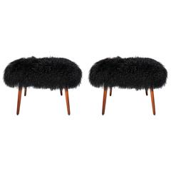 Danish Modern Stools with Mongolian Lamb, Pair 12