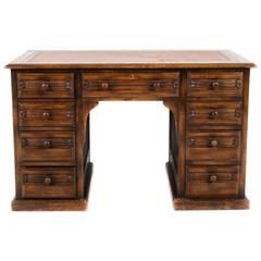 Antique English Oak Double Pedestal Desk with Leather Top