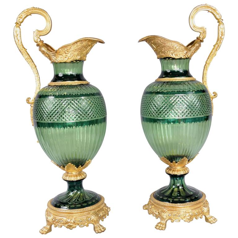 Pair of Extra Large French Empire Style CutGlass Jugs Ewers Ormolu