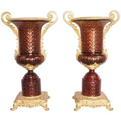 Pair of French Empire Style Cut-Glass Urns Vases Classical Campana Planter