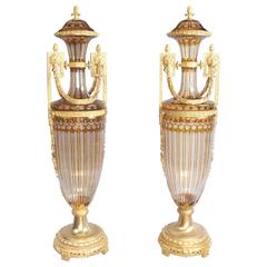 French Empire Style Cut-Glass Urns Vases Amphora Form Ormolu Mounts