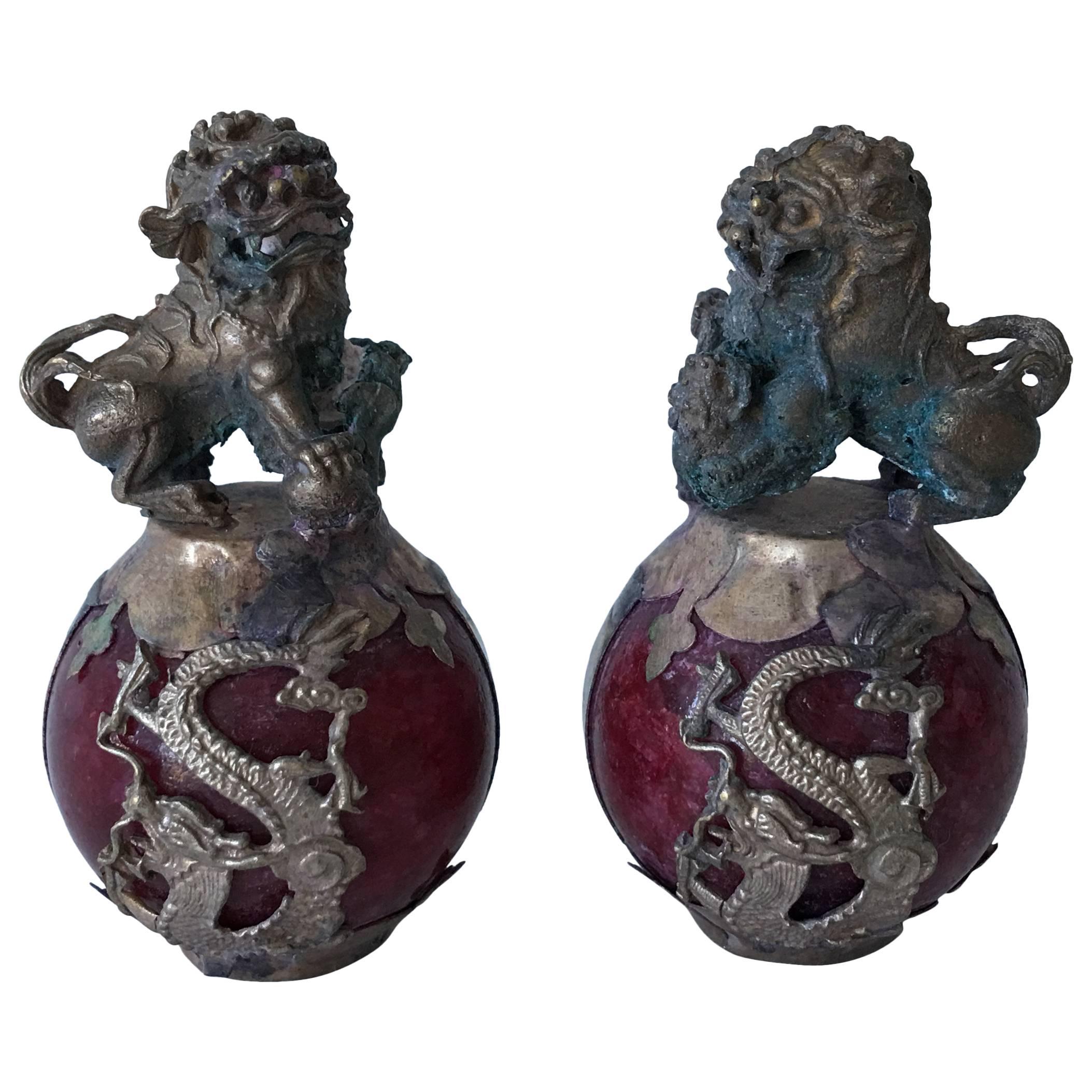 19th Century Bronze Foo Dogs and Dragons on Red Stone, Pair