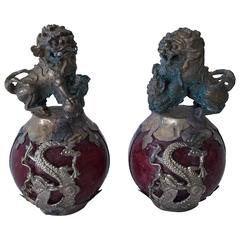 Antique 19th Century Bronze Foo Dogs and Dragons on Red Stone, Pair