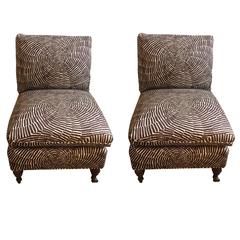 Stunning Pair of Brown and White Patterned Slipper Chairs