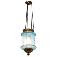 20th Century Suspended Light Fixture Light Blue Frosted Glass Applied Paintings 4