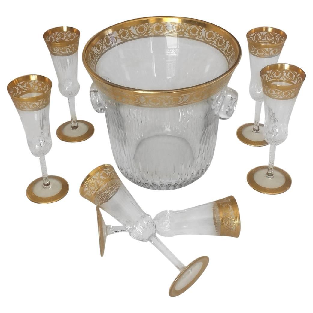 Champagne Bucket with 6 Glasses in Crystal Saint, Louis Thistle Gold Model For Sale