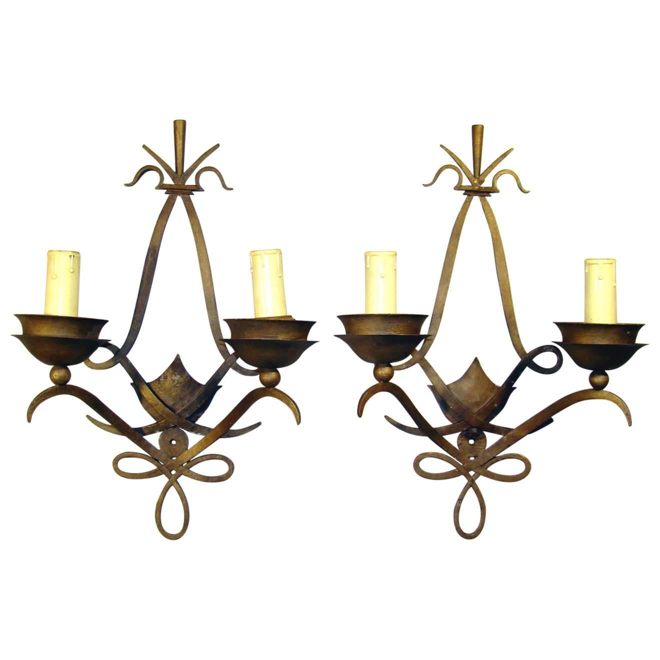 Pair of Art Deco Poillerat Style Wall Sconces, French, 1940s