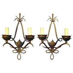 Pair of Art Deco Poillerat Style Wall Sconces, French, 1940s 8