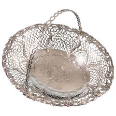 Antique Irish George III Sterling Silver Pierced Oval Basket with Handle, Dublin, 1775