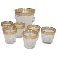 Six Whiskey Glasses and Ice Bucket in Crystal Saint, Louis Thistle Gold Model