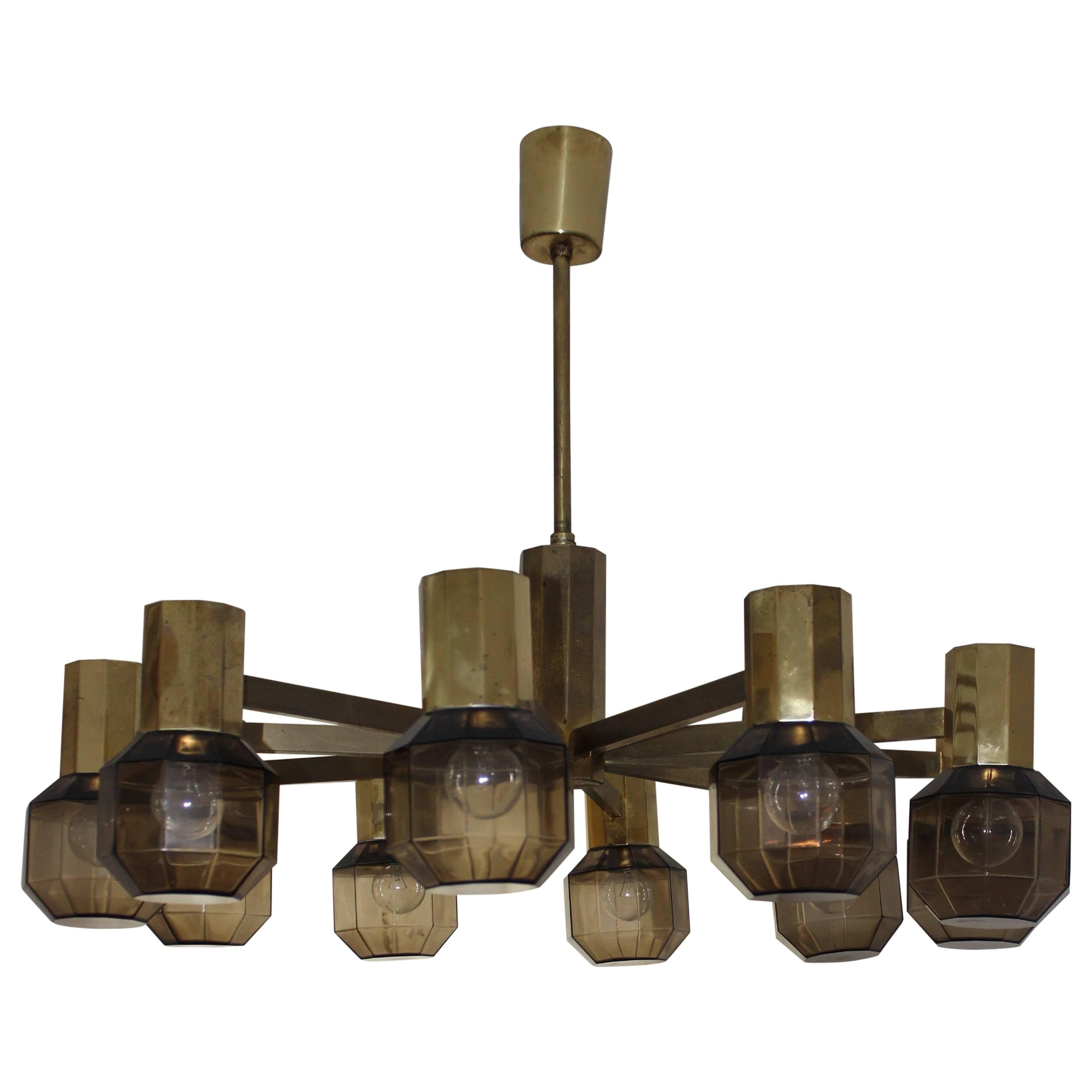  Brass Smoked Glass Chandelier in the Style of Hans-Agne Jakobsson For Sale
