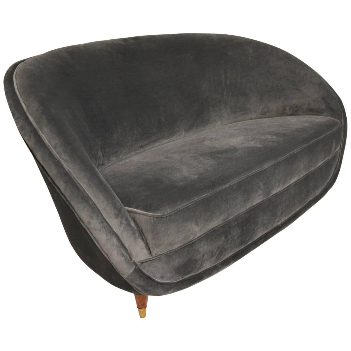 Beautiful Italian Reupholstered Grey Velvet Sofa, circa 1960
