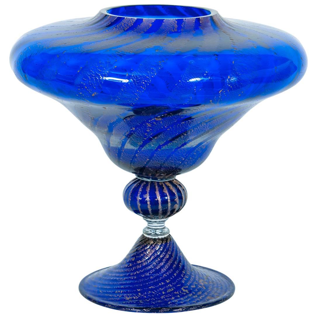 Italian Vase in blown Murano Glass Blue and Silver finishes  1980s