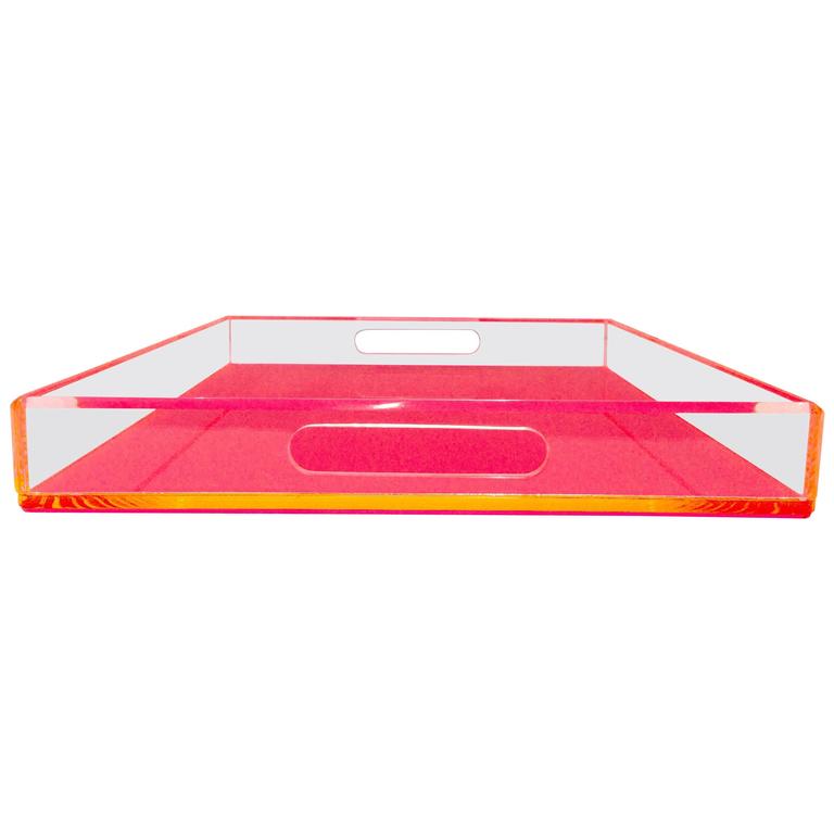 21st Century Custom Made Lucite Neon Pink Cut Out Handle Tray at